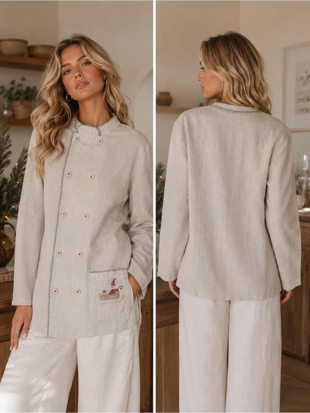 ZARA Home Embroidered Linen Christmas Jacket L NWOT